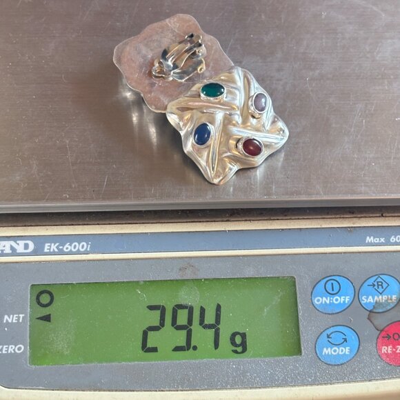 Sterling Silver 925 Multicolor Gemstone Puffed Clip On Earrings 1.25" Length - Picture 10 of 10